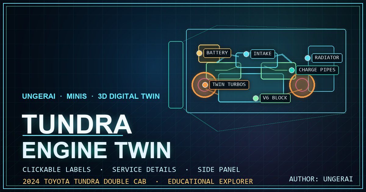 Tundra Engine Twin — holographic 3D engine bay explorer with clickable service labels